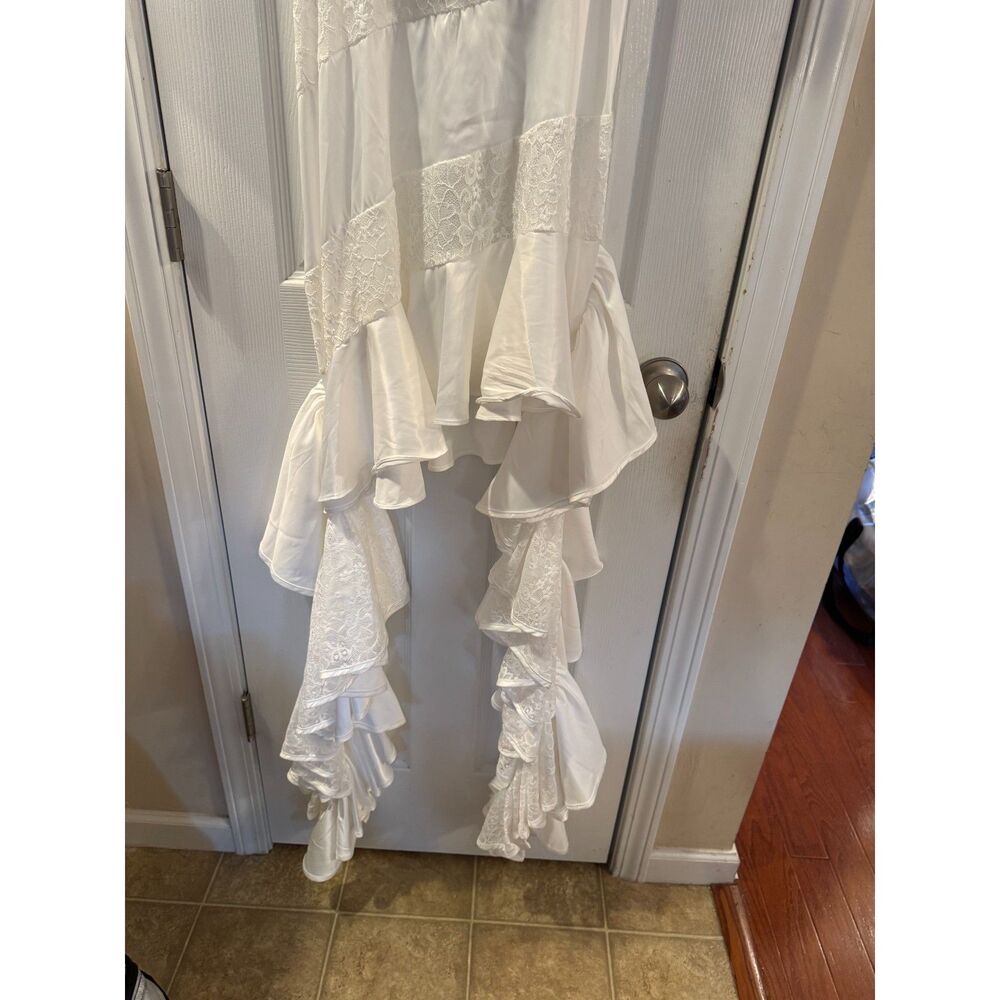 AKIRA White Satin Lace Mini Dress Ruffle Side Trains Bridal Prom Size L NWT - Picture 13 of 14